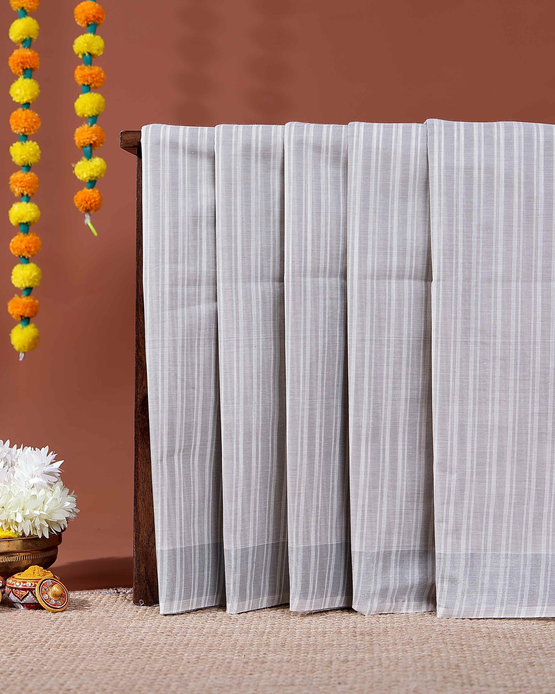 Handloom Kovai Cotton Saree with Subtle Striped Pattern - Light Grey