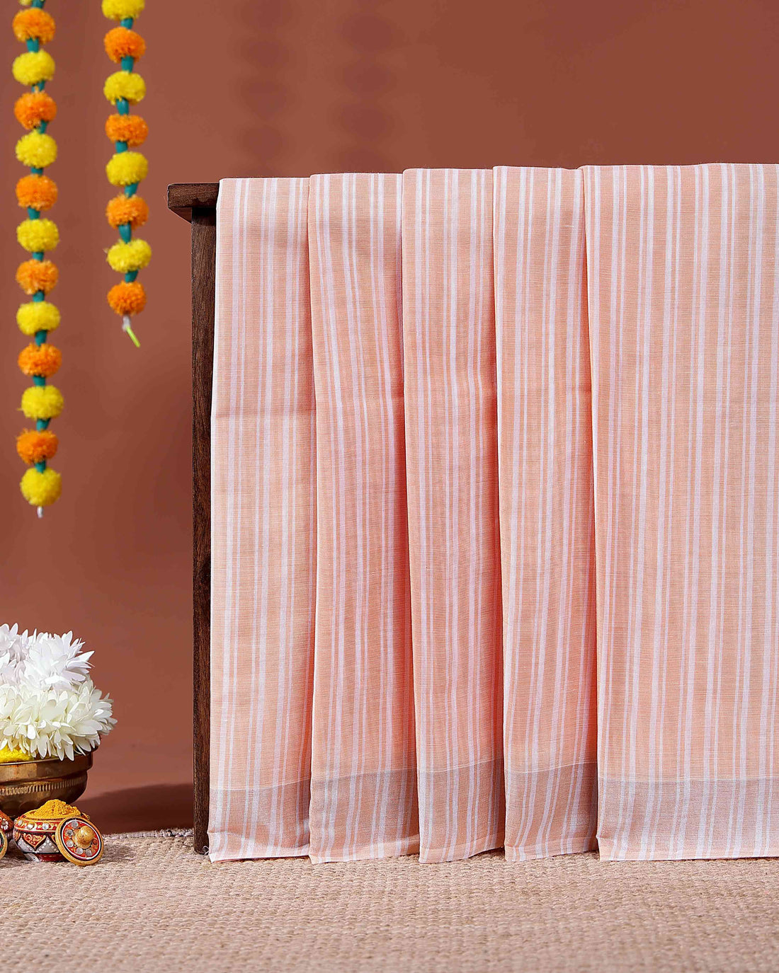 Handloom Kovai Cotton Saree with Subtle Striped Pattern - Peach