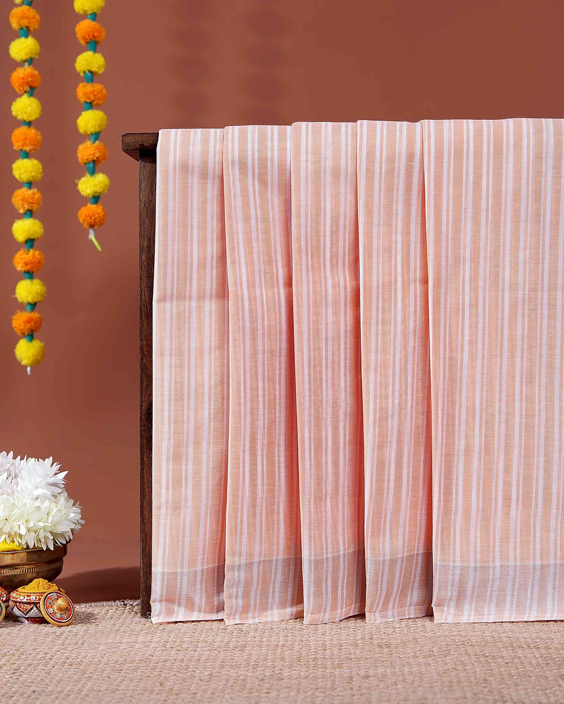 Handloom Kovai Cotton Saree with Subtle Striped Pattern - Peach