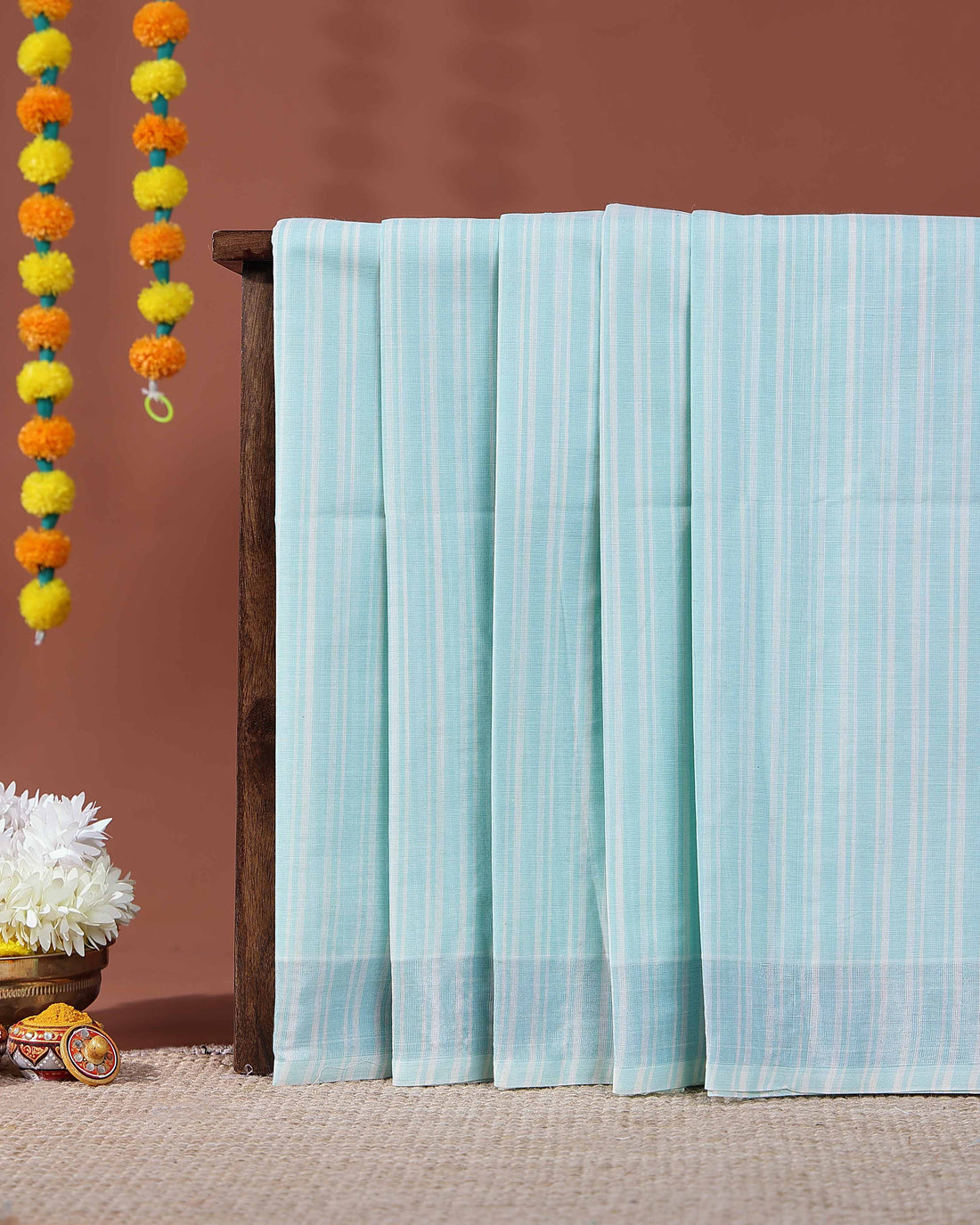 Handloom Kovai Cotton Saree with Subtle Striped Pattern - Sky Blue