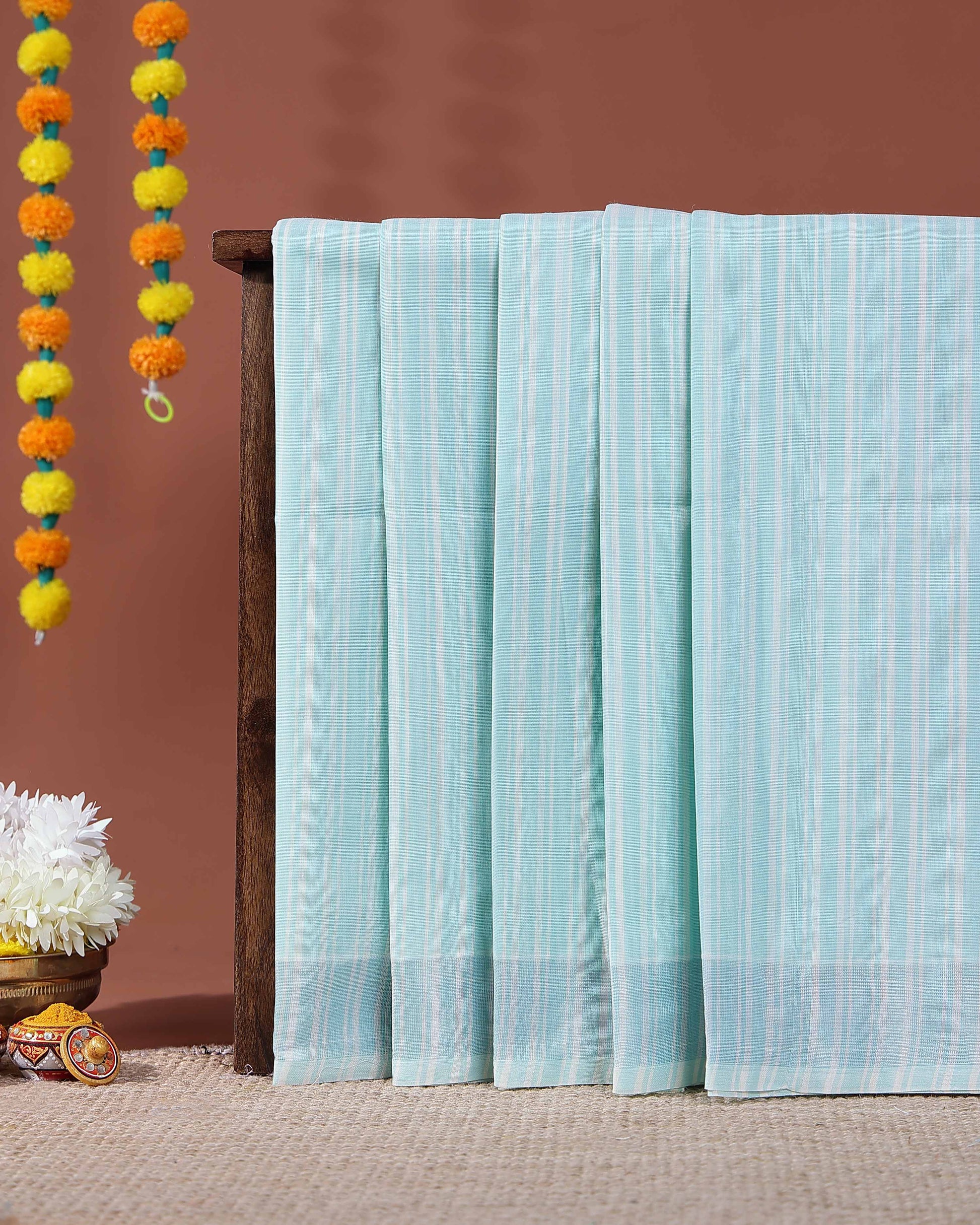 Handloom Kovai Cotton Saree with Subtle Striped Pattern - Sky Blue