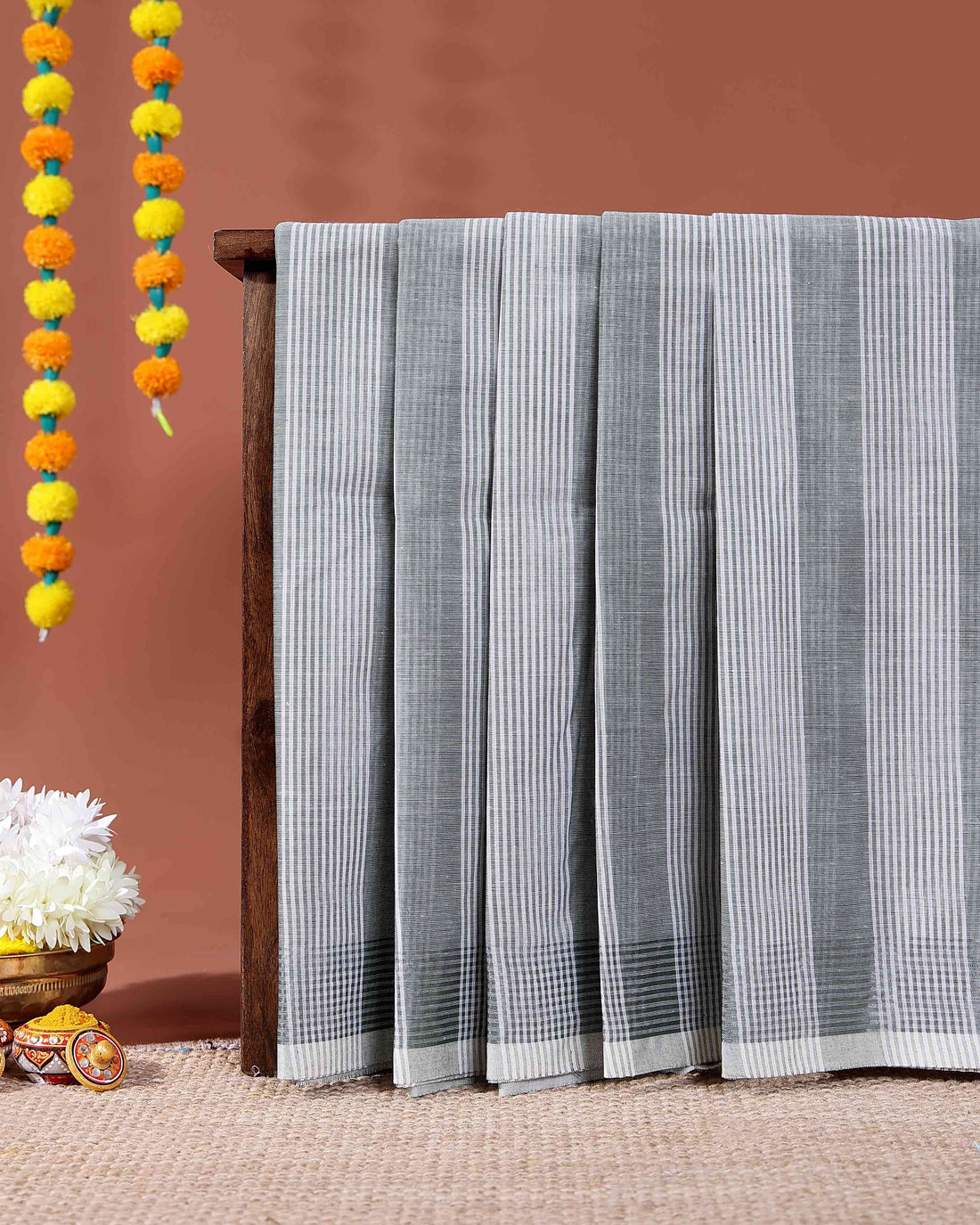 Handloom Kovai Cotton Saree with Subtle Striped Weave and Contrast Border - Grey