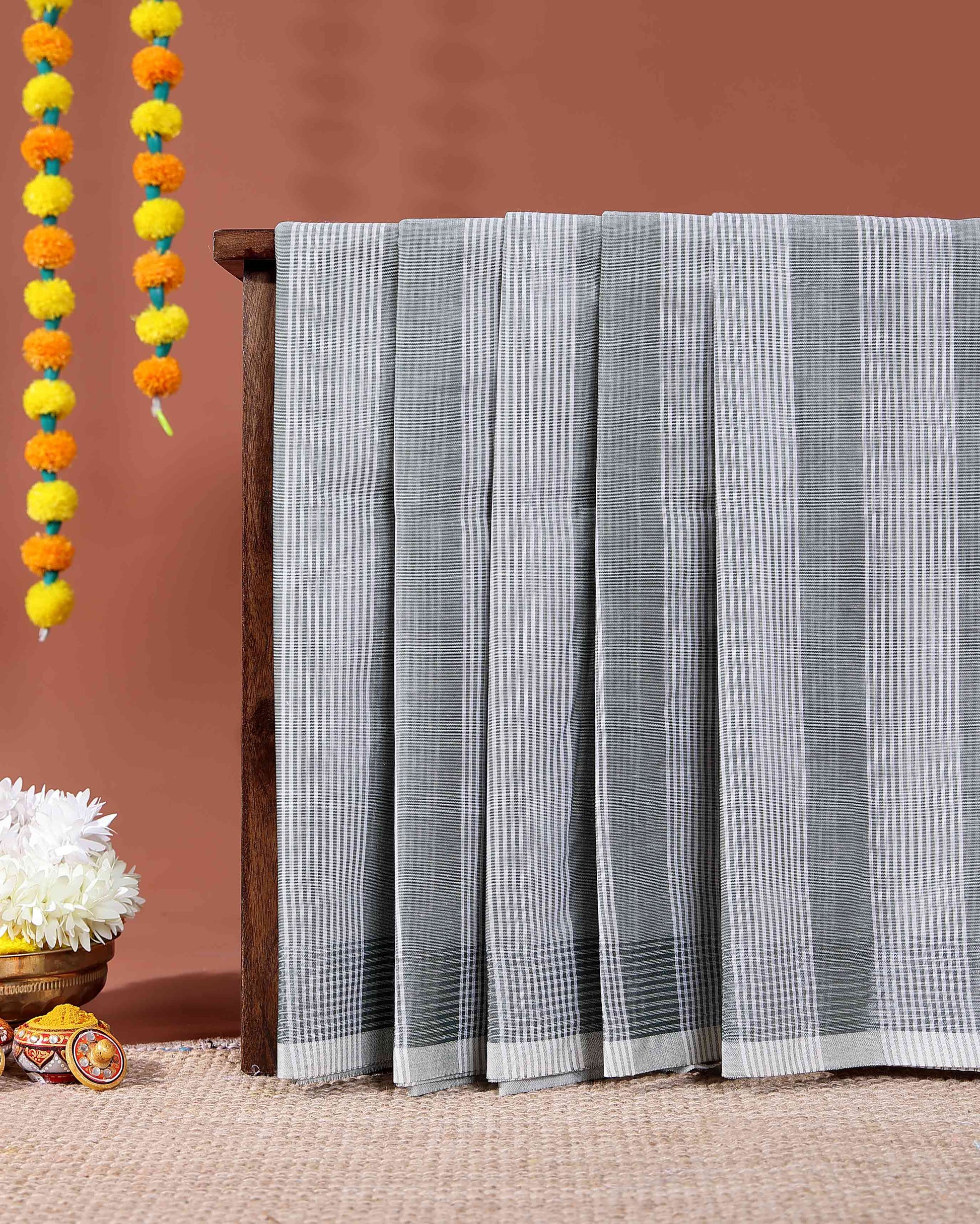 Handloom Kovai Cotton Saree with Subtle Striped Weave and Contrast Border - Grey