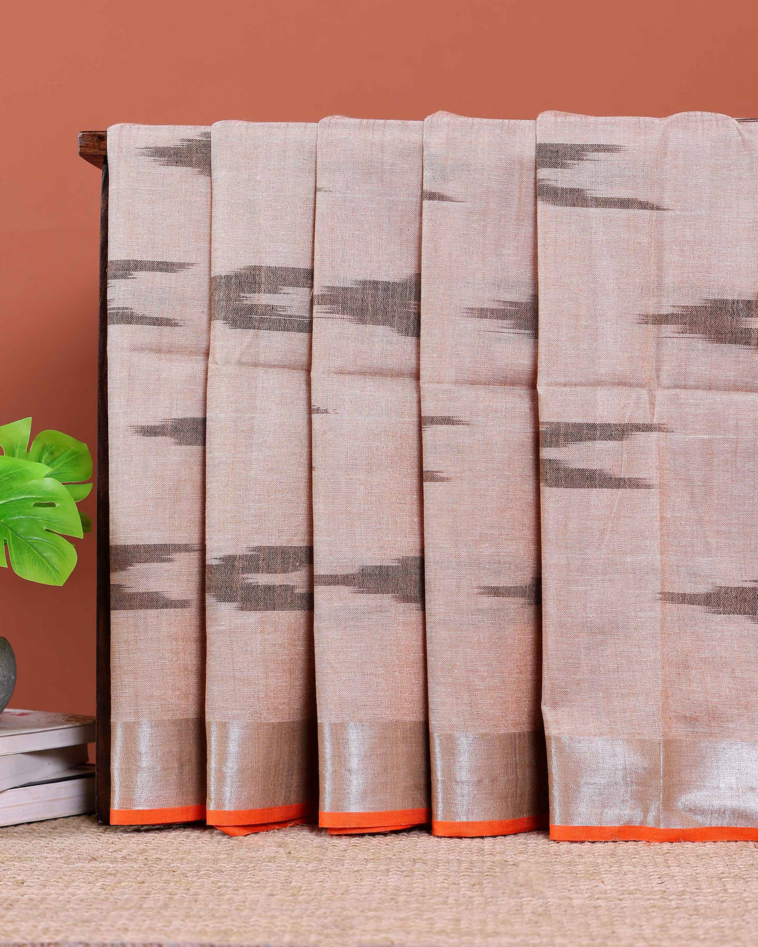 Handloom Linen Cotton Saree with Ikkat Inspired Pattern - Brown