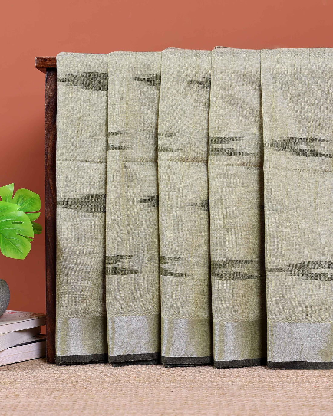 Handloom Linen Cotton Saree with Ikkat Inspired Pattern - Green