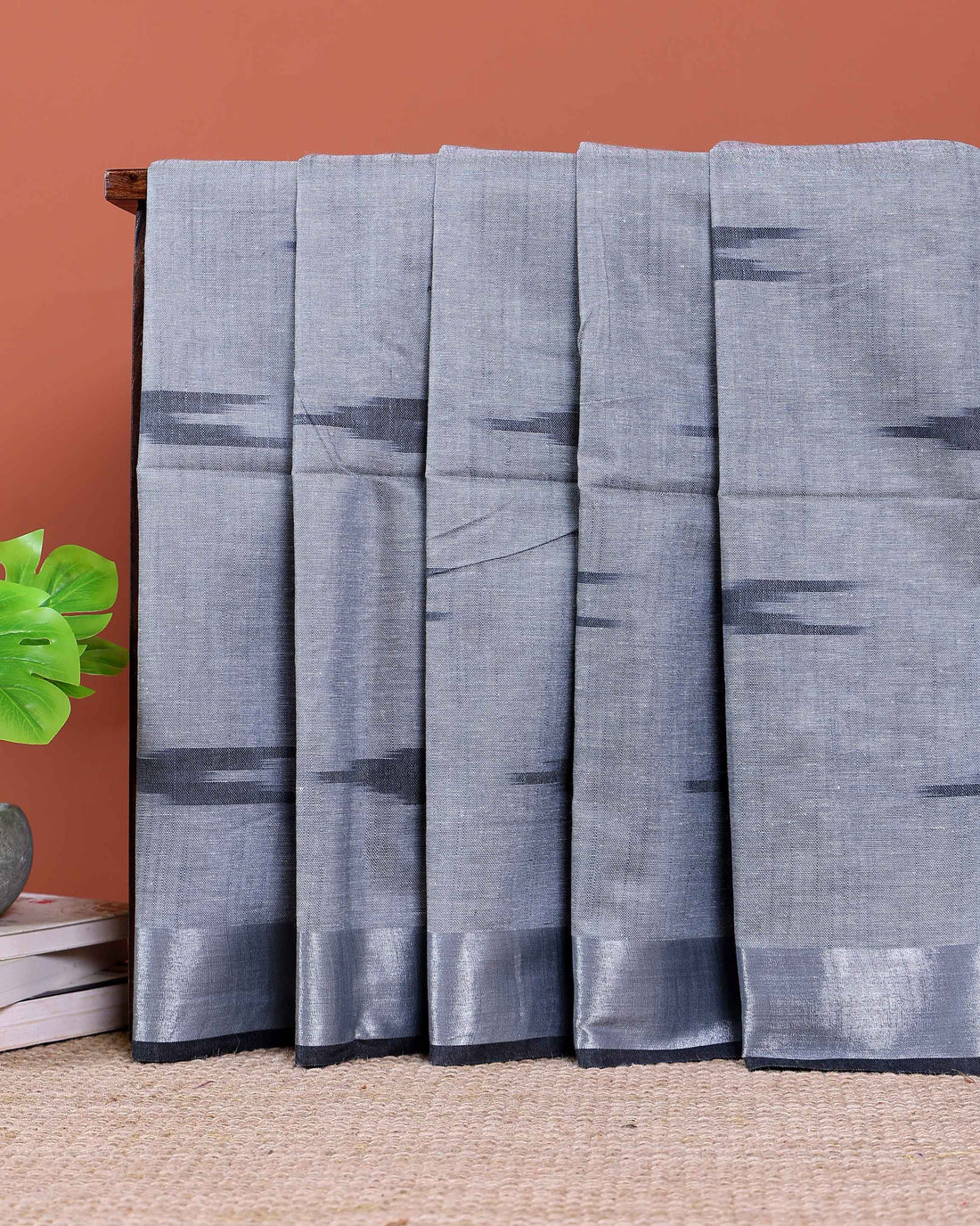 Handloom Linen Cotton Saree with Traditional Ikkat-Inspired Design - Dark Grey