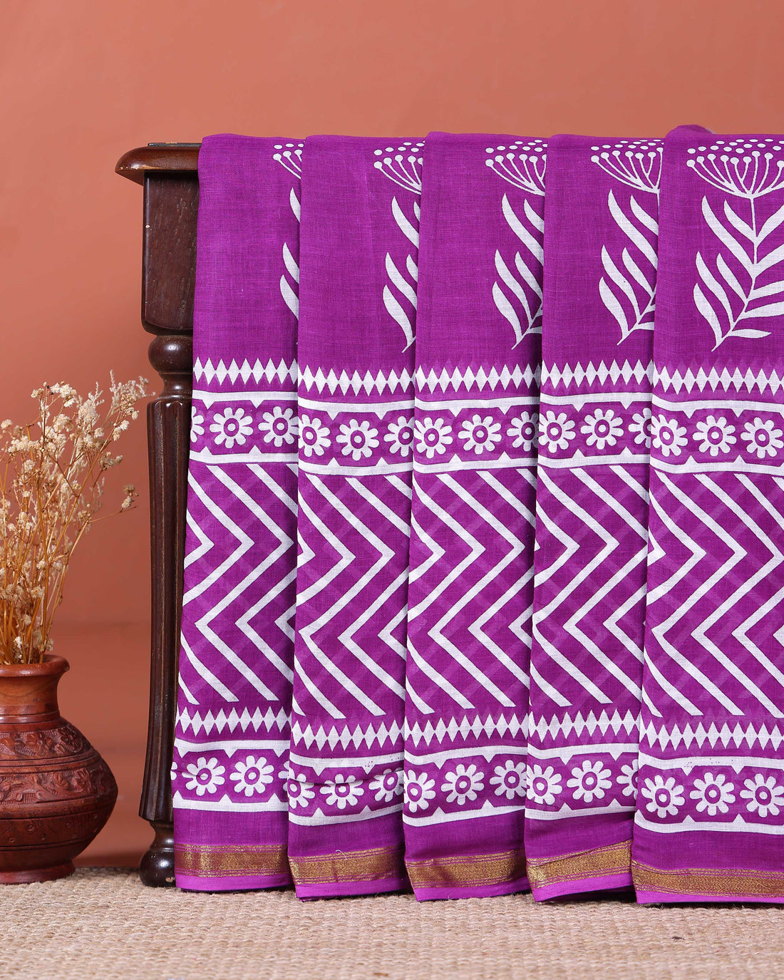 Handloom Mulmul Cotton Saree with Block Print Pallu and Border - Purple