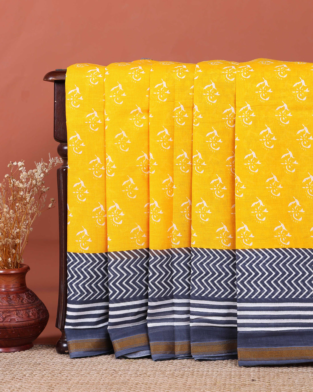 Handloom Mulmul Saree with Printed Body and Striped Pallu - Yellow