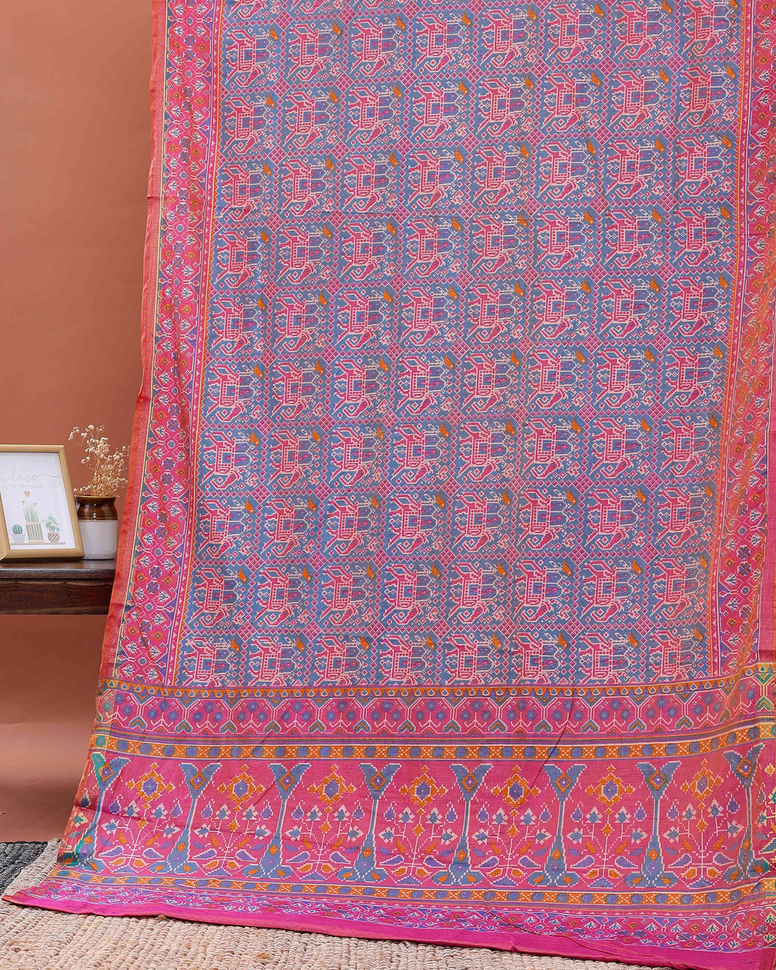 Handloom Patola Semi-Silk Saree with Intricate Geometric and Floral Motifs - Blue