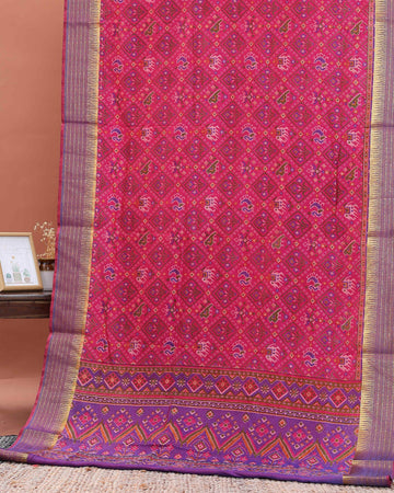 Handloom Patola Semi-Silk Saree with Intricate Ikat Weave and Zari Border - Pink