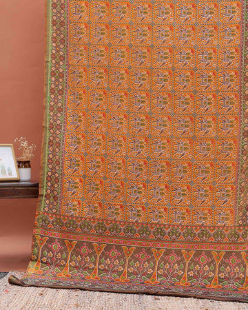 Handloom Patola Semi-Silk Saree with Traditional Geometric and Floral Weave - Orange