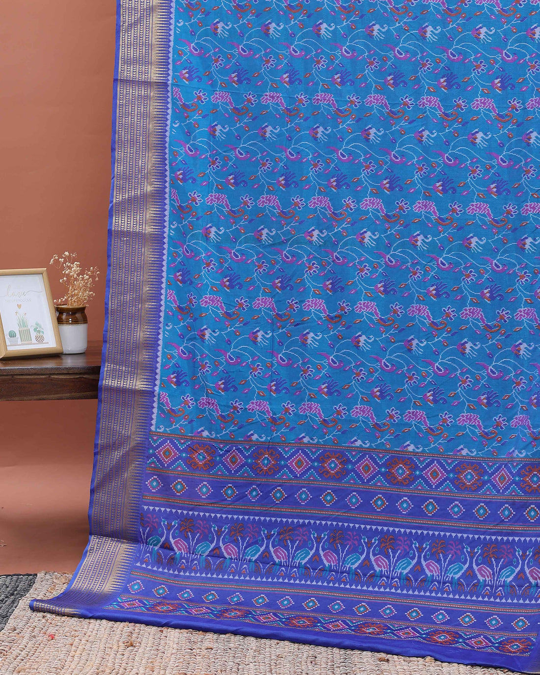 Handloom Semi Patola Silk Saree with Ikkat and Peacock Motif Border - Blue