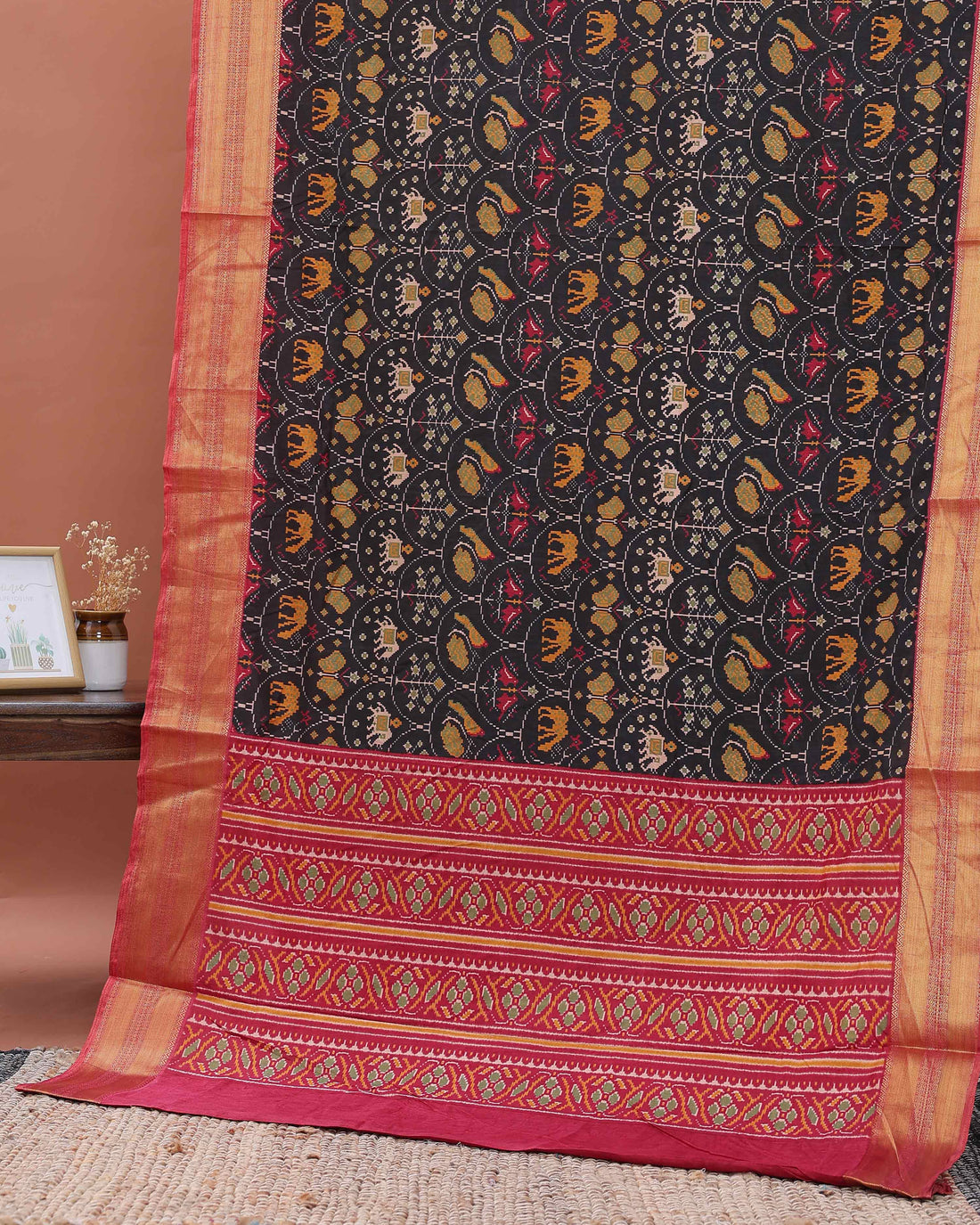 Handloom Semi Patola Silk Saree with Traditional Ikkat Motifs and Zari Border - Black