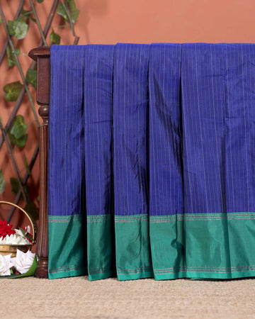 Handloom Soft Silk Saree with Zari-Woven Striped Body and Temple Border - Dark Blue
