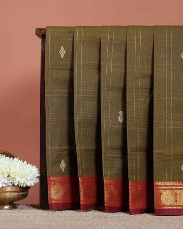 Handloom Venkatagiri  Cotton Saree with Checked Weave and Small Zari Butta & Traditional Zari Border - Green