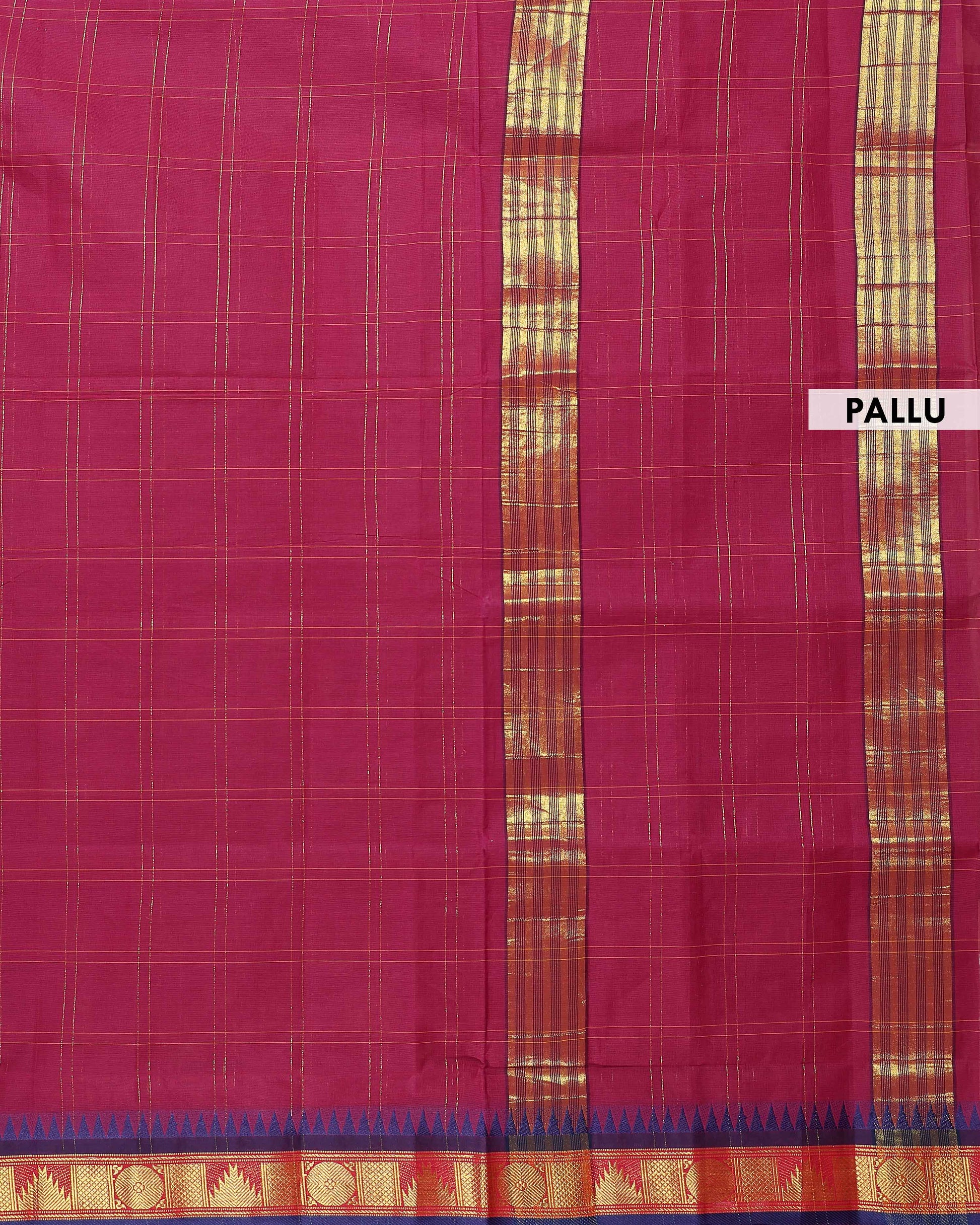 Handloom Venkatagiri Handloom Cotton Saree with Subtle Checked Weave and Contrast Temple Zari Border - Maroon