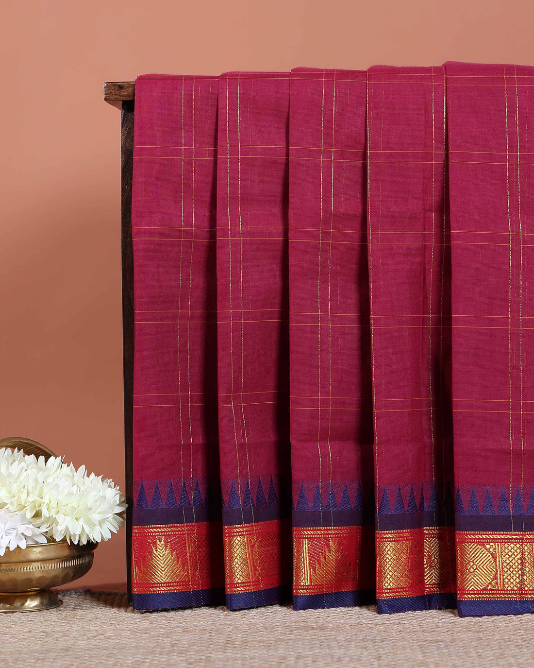Handloom Venkatagiri Handloom Cotton Saree with Subtle Checked Weave and Contrast Temple Zari Border - Maroon