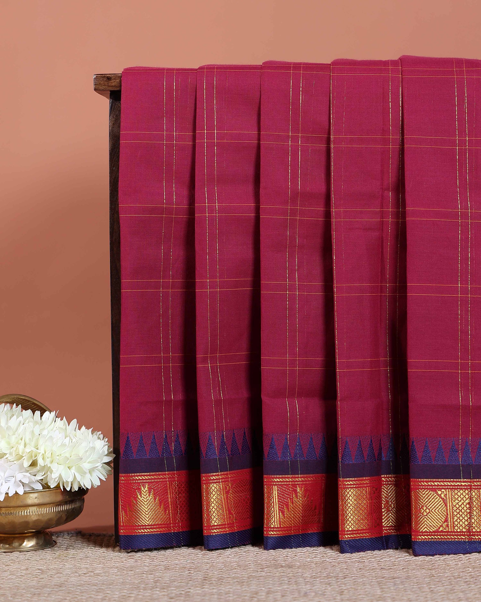 Handloom Venkatagiri Handloom Cotton Saree with Subtle Checked Weave and Contrast Temple Zari Border - Maroon