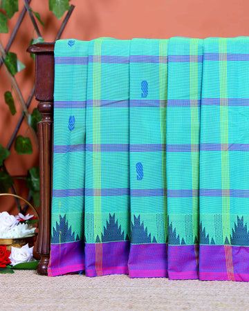 Handloom Woven Chettinad Cotton Saree with Traditional Checks and Temple Border - Green