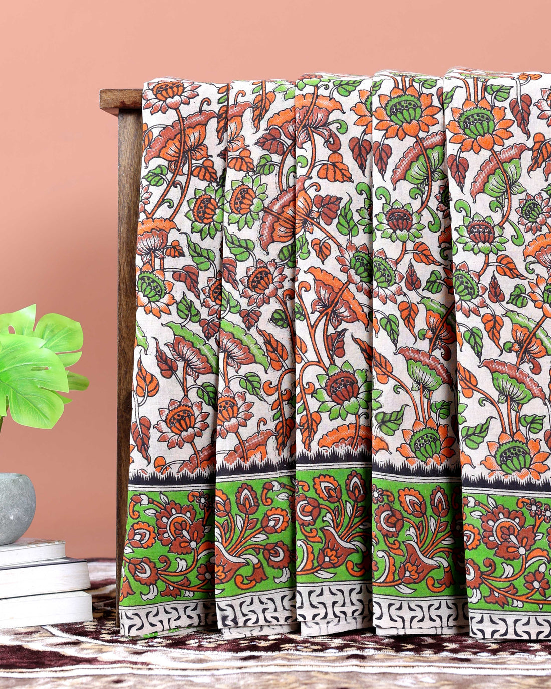 Handpainted Kalamkari Cotton Saree with Traditional Floral Motifs - Cream