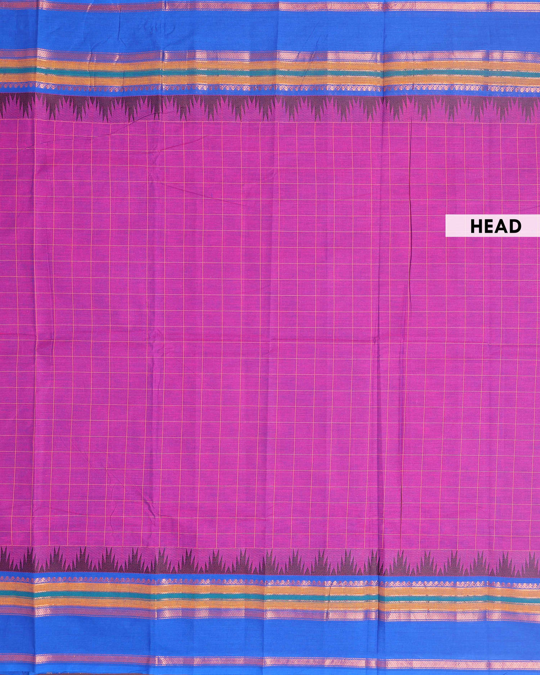Handwoven Chettinad Handloom Cotton Saree with Striped Body and Temple Border - Purple