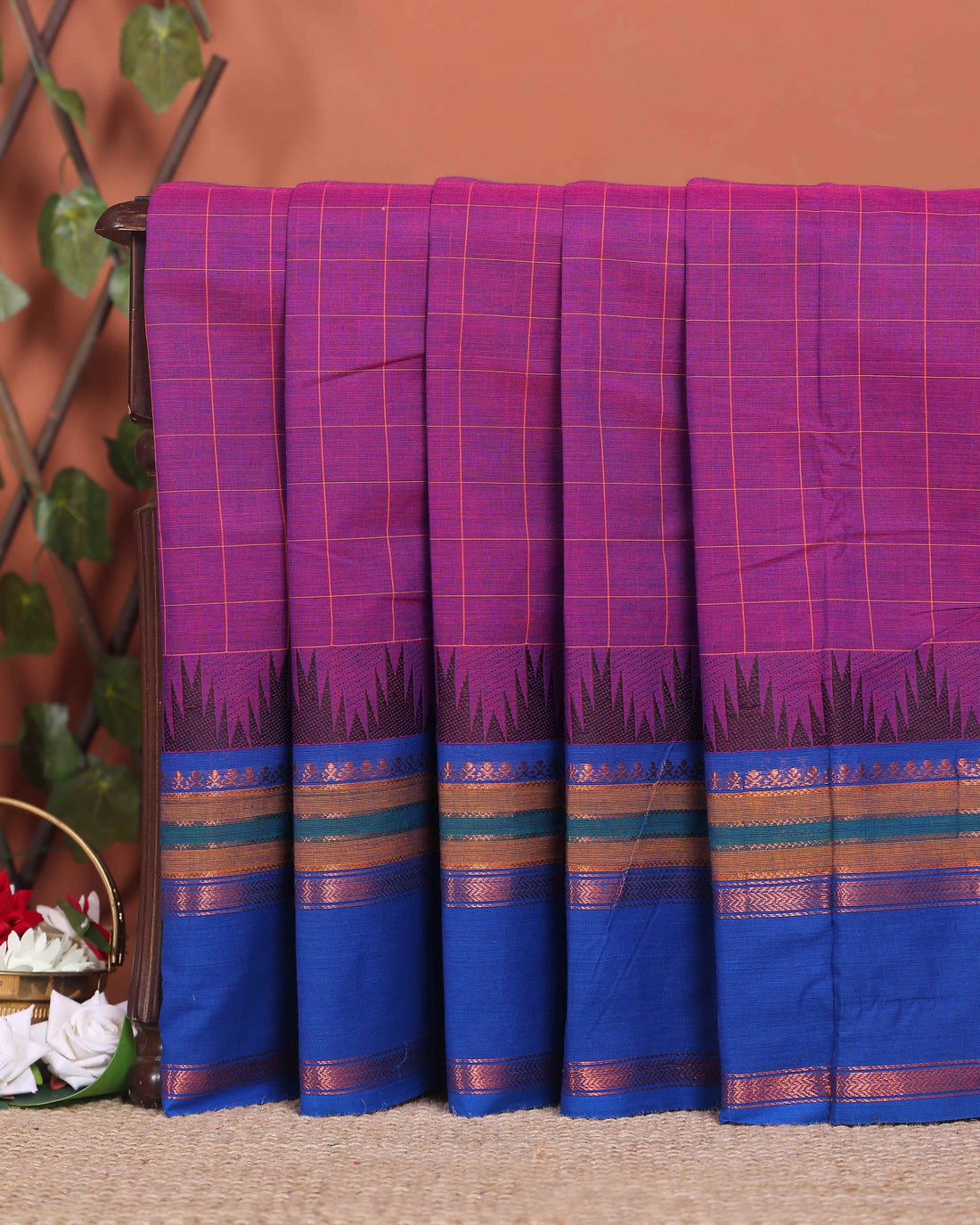 Handwoven Chettinad Handloom Cotton Saree with Striped Body and Temple Border - Purple