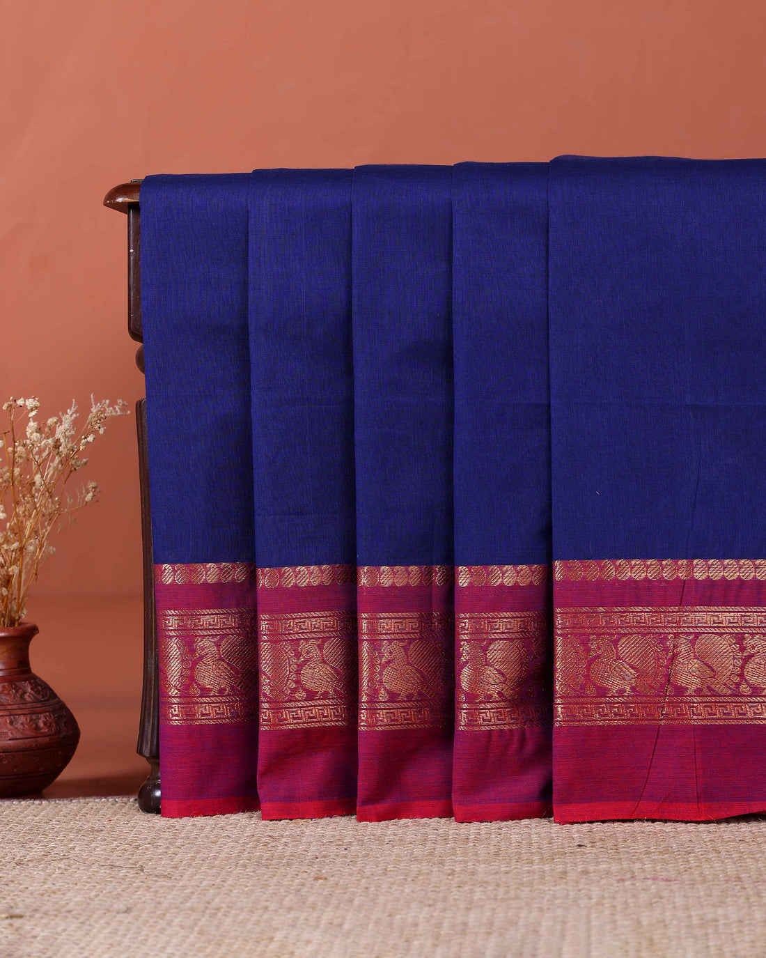 Handwoven Kanchi Cotton Saree with Zari Woven Border and Traditional Motifs - Navy Blue