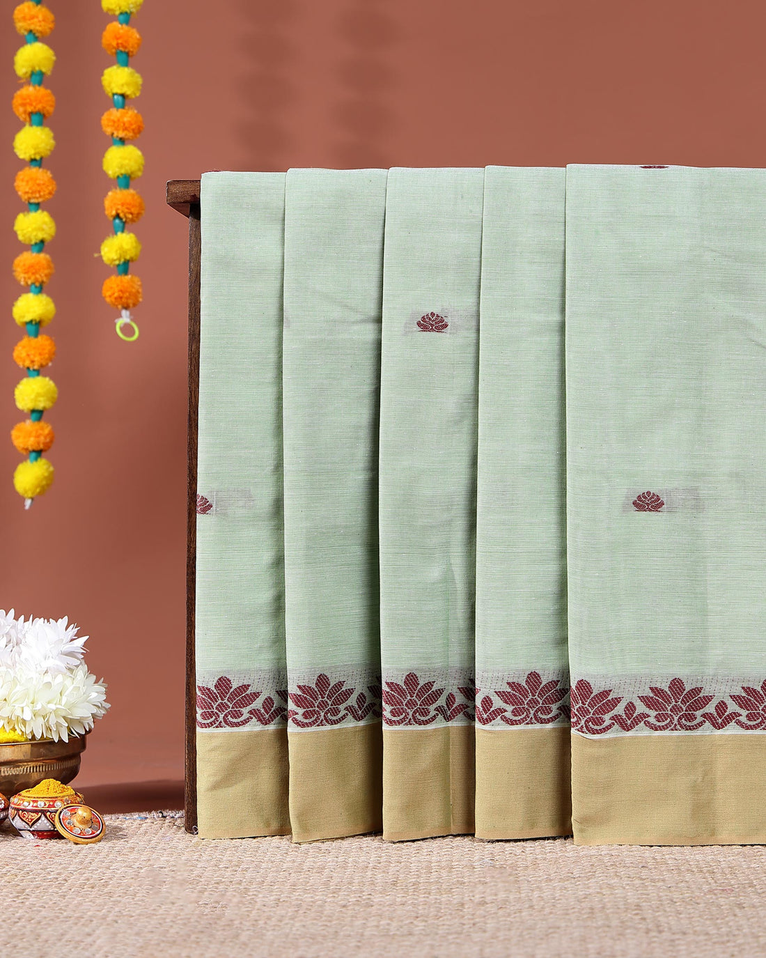Handwoven Kovai Cotton Saree Subtle Body Buttas and Traditional Border - Light Green