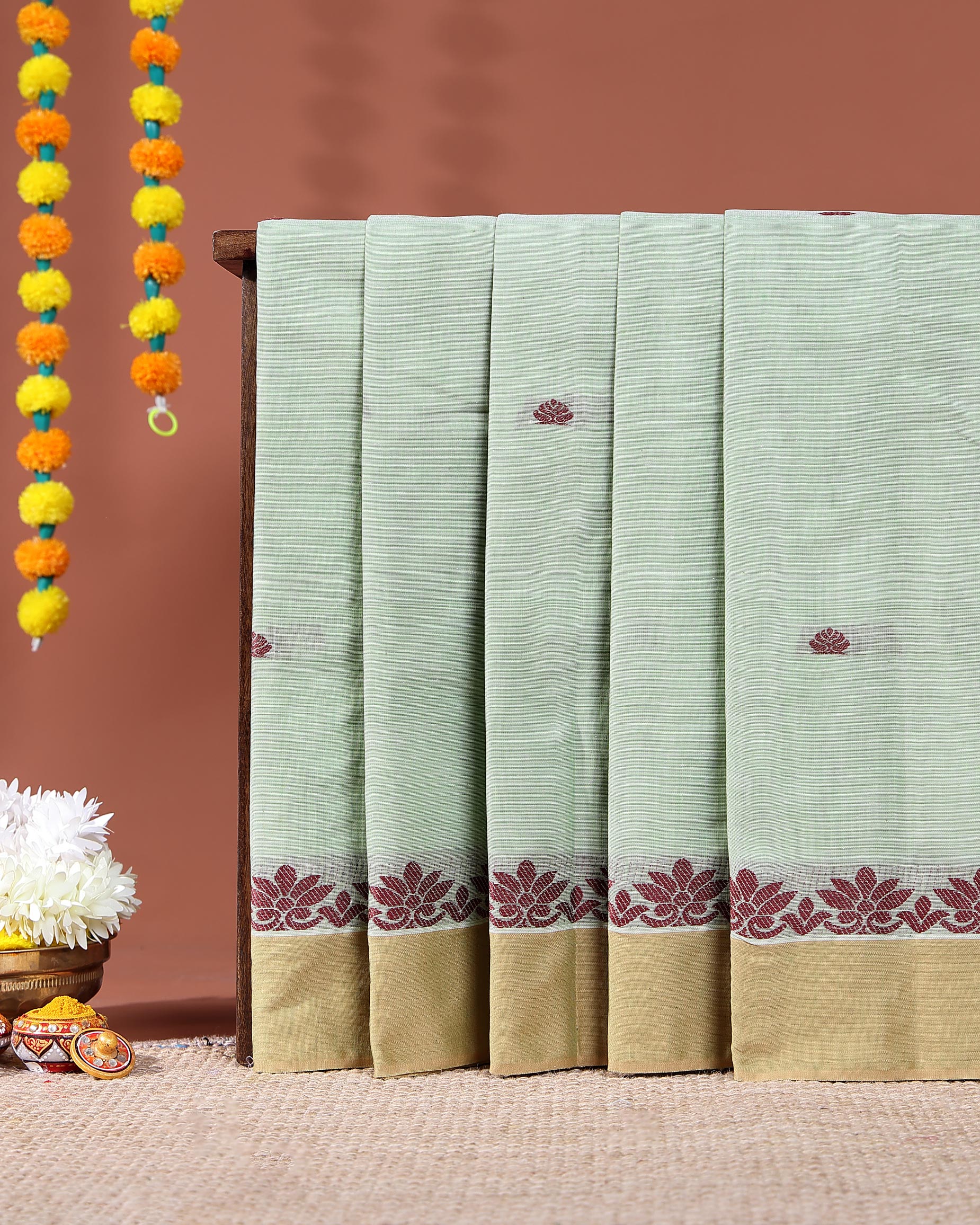 Handwoven Kovai Cotton Saree Subtle Body Buttas and Traditional Border - Light Green