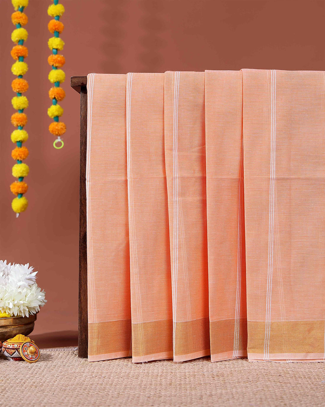 Handwoven Kovai Cotton Saree with Striped Pattern and Zari Border - Orange