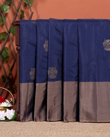Handwoven Soft Silk Saree with Intricate Zari Motifs and Rich Border - Navy Blue
