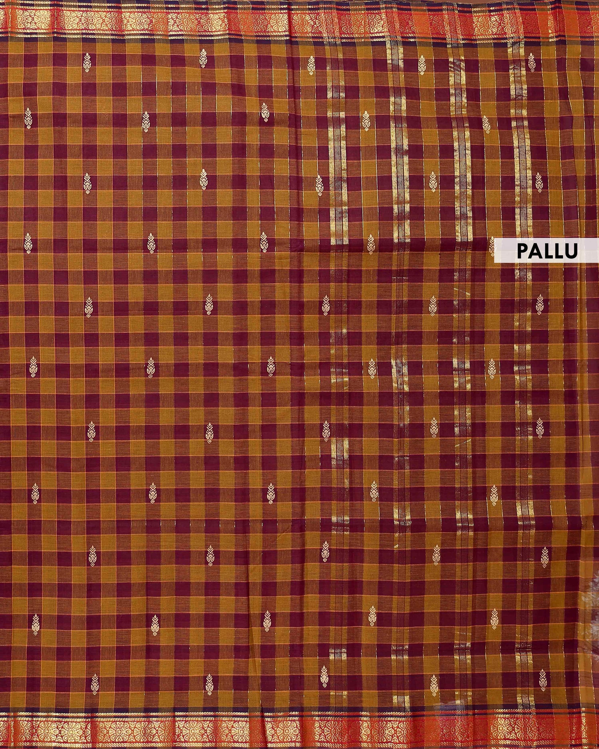 Handwoven Venkatagiri Handloom Cotton Saree with Checked Pattern and Rich Zari Woven Border - Brown