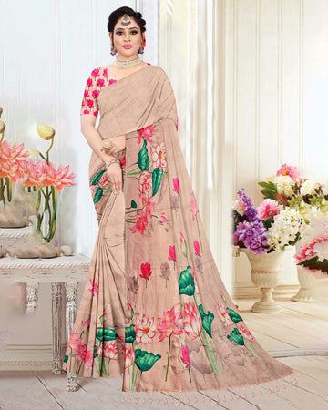 Printed Linen Cotton Saree with Floral Design - Sandal