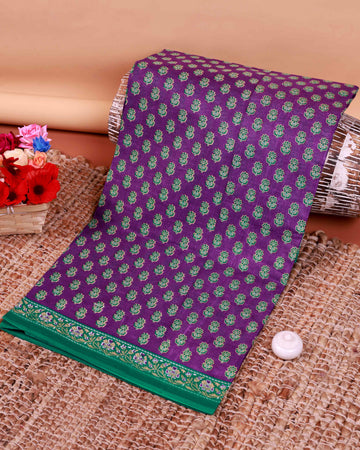 All-Over Floral Printed Voile Saree with Intricate Contrast Border – Purple