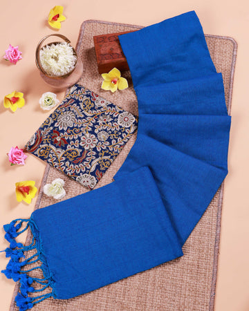 Handwoven Khadi Cotton Saree with Contrast Printed Blouse and Tassel Accents - Blue