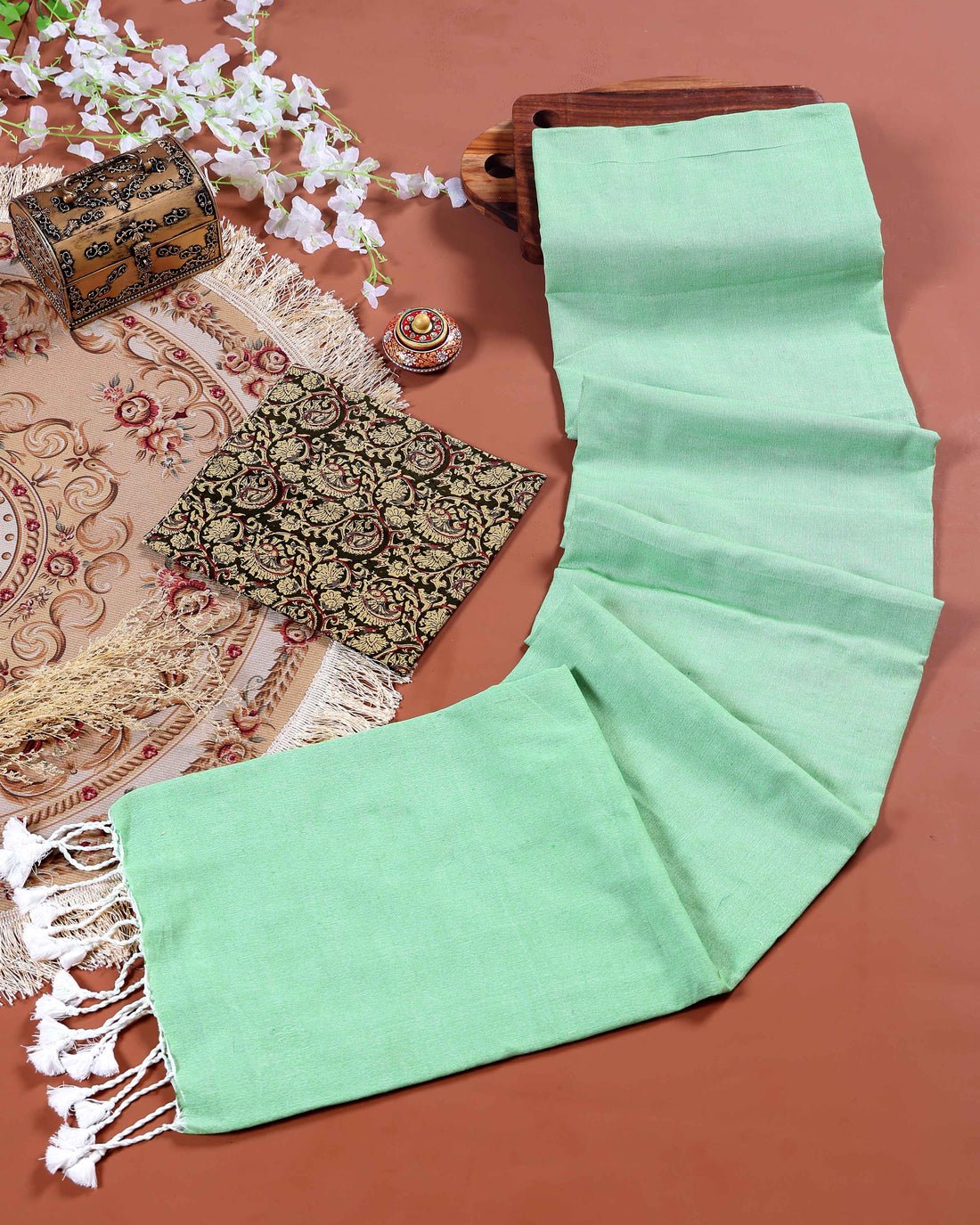 Handloom Khadi Cotton Saree with Contrast Printed Blouse and Tassel Accents - Pista Green