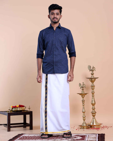 Elegant Men's Ethnic Full Sleeve Shirt & Dhoti Set with Zari Border - Blue