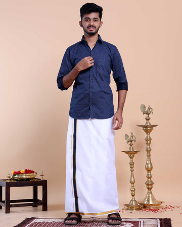 Elegant Men's Ethnic Full Sleeve Shirt & Dhoti Set with Zari Border - Blue