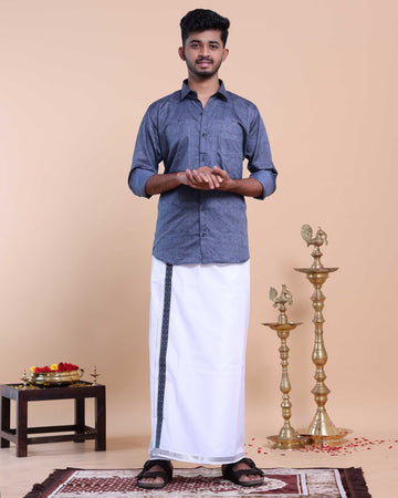 Elegant Men's Ethnic Full Sleeve Shirt & Dhoti Set with Zari Border - Blue