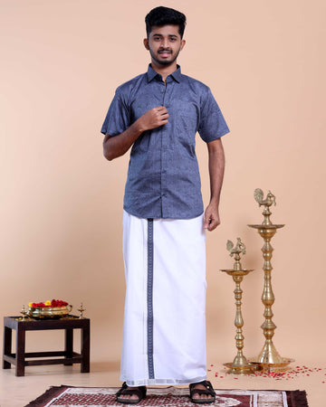 Elegant Men's Ethnic Half Sleeve Shirt & Dhoti Set with Zari Border - Blue