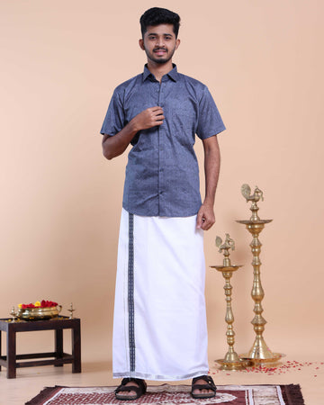 Elegant Men's Ethnic Half Sleeve Shirt & Dhoti Set with Zari Border - Blue