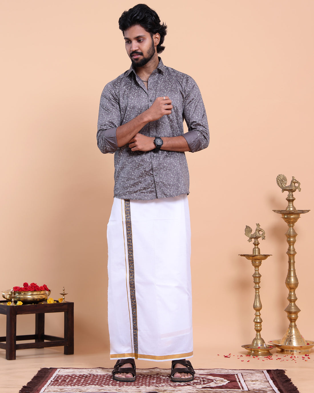 Elegant Men's Ethnic Full Sleeve Shirt & Dhoti Set with Traditional Border - Grey