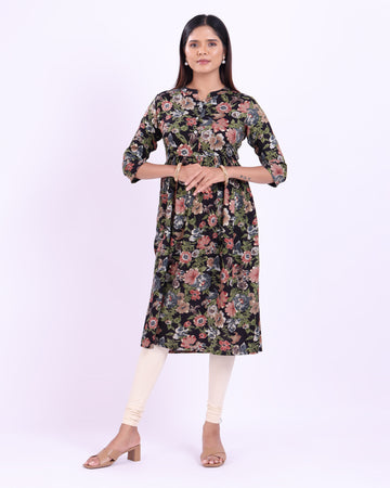 Ethnic Women's Motif Printed Mandarin Collar Kurta - Black