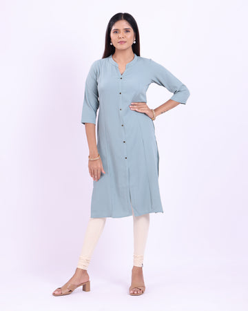 Solid Straight Kurta with Button Detail and 3/4th Sleeves - Green