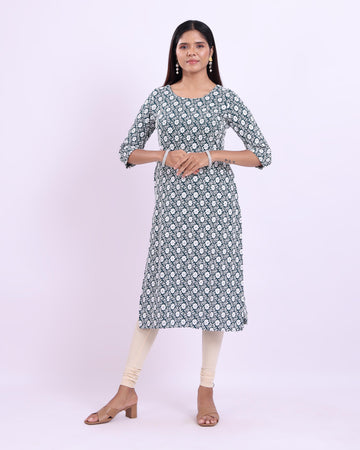 Ethnic Motif Printed Round Neck Cotton Straight Kurta - Green