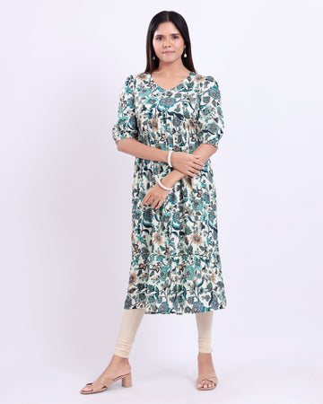 Women's Elegant Floral Printed Kurta - Cream