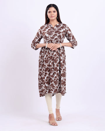 Designer Brown Floral Printed Women's Kurti