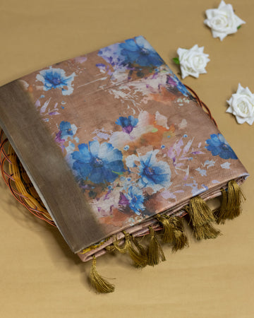 Ethnic Floral Printed Tissue Saree - Brown