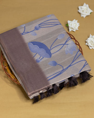 Ethnic Floral Design Tissue Saree - Brown