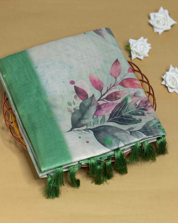 Ethnic Floral Printed Tissue Saree - Green
